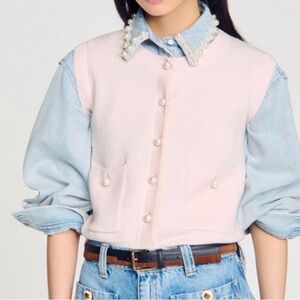 NWT Sandro Mignon Cardigan Sweater Cashmere Wool Pink Pearl Size Small